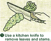 1. Use a kitchen knife to remove leaves and stems.